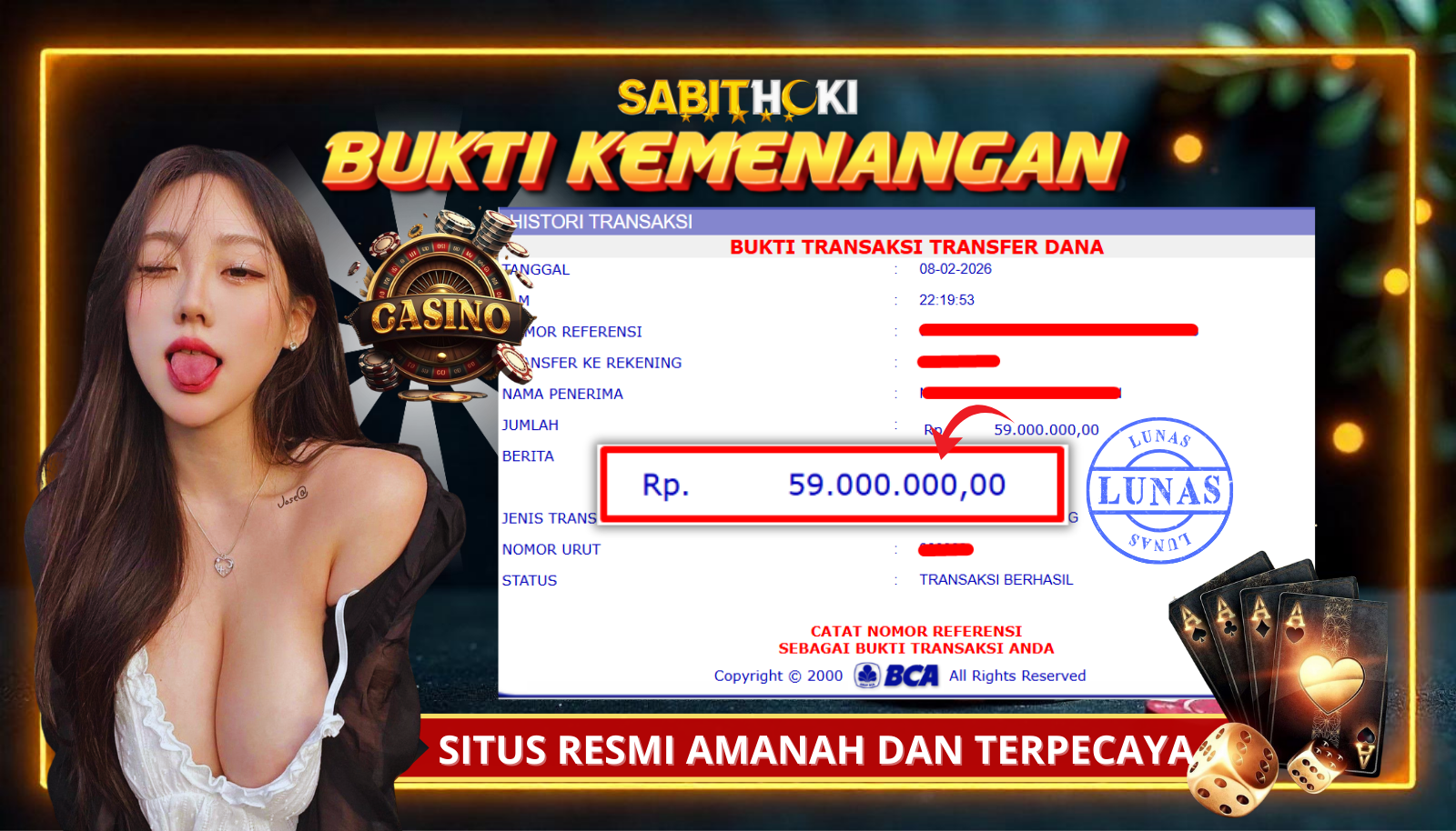SELAMAT KEPADA MEMBER SETIA SABITHOKI BERHASIL JACKPOT DI PERMAINAN CASINO ( BACCARAT )